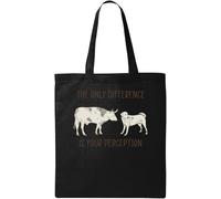 The Only Difference is Your Perception Cow and Dog Graphic Go Vegan Borsa tote in cotone ecologico naturale nero, Nero , Taglia unica
