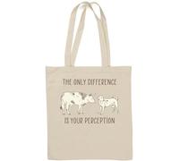 The Only Difference is Your Perception Cow and Dog Graphic Go Vegan Borsa tote in cotone naturale bianco