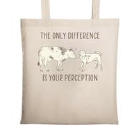 The Only Difference is Your Perception Cow and Dog Graphic Go Vegan Natural Ecological Cotton Tote Bag Beige