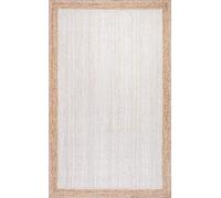 THE PIKKU INTERNATIONAL - Tappeto in iuta bianco con bordo beige, intrecciato a mano, rettangolare, effetto rustico (150 x 200 cm)