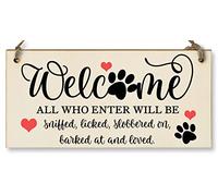 The Plum Penguin Targa da parete in legno fatta a mano con scritta "Welcome All Who Enter Sniffed Barked Licked Loved", idea regalo per gli amanti dei cani