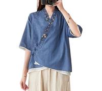 The Princess Bride Hanfu A11 - Camicetta casual in lino, con maniche a 3/4, scollo a V, abbigliamento tradizionale cinese con bottoni a forma di rana cinese, Blu, XXL
