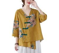 The Princess Bride Hanfu - Camicetta casual in lino, maniche a 3/4, scollo a V, abbigliamento tradizionale cinese con bottoni a forma di rana cinese, estivo, formato A2, Giallo, XL