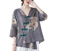 The Princess Bride Hanfu - Camicetta casual in lino, maniche a 3/4, scollo a V, abbigliamento tradizionale cinese con bottoni a forma di rana cinese, estivo, formato A3, Grigio, L