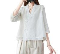 The Princess Bride Hanfu - Camicetta casual in lino, maniche a 3/4, scollo a V, abbigliamento tradizionale cinese con bottoni a forma di rana cinese, estivo, formato A4, bianco, L