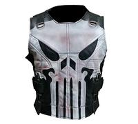 The Punisher Frank Castle Skull Logo Nero Moto Biker Tactical Style Gilet in Pelle, Nero , XXL