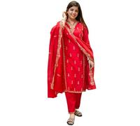 The Red Lion Enterprise Premium Chanderi Silk 3 pezzi Kurti Pant Dupatta Set per le donne - Elegante abbigliamento etnico per feste, Rosso, Small