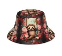 The Roses - Cappello alla pescatora con stampa riflettente con bradipo seduto su un'altalena, unisex, adatto per escursioni in spiaggia, viaggi estivi, Bradipo seduto su un'altalena vicino alle rose