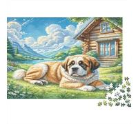 The Saint Bernard - Carta - San Bernardo sdraiato sull’erba vicino al lago e alla baita - Set puzzle - Regalo di compleanno per l’allenamento cerebrale - 52x38cm/1000 pezzi