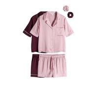 THE SET Donne Confezione da 2 Pigiami con Camicia e Shorts in Raso Berry Red/Pink Stripe M
