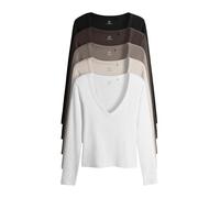 THE SET Donne Confezione da 5 Magliette a Coste a Maniche Lunghe con Scollo a V Black/Browns/White XL