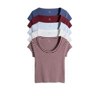 THE SET Donne Confezione da 5 T-Shirt a Coste con Scollo Rotondo e Maniche ad Aletta Navy/Stripe/Red/Light Blue/White M
