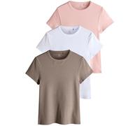 THE SET Next T-Shirt da donnaa Maniche Corte a Coste, Nero, Marrone Scuro e Bianco, Confezione da 3 Magliette Taupe/Pink/White XS