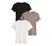 THE SET Next T-Shirt da donnaa Maniche Corte a Coste, Nero, Marrone Scuro e Bianco, Confezione da 3 Magliette Nero/Tortora Marrone/Bianco XS