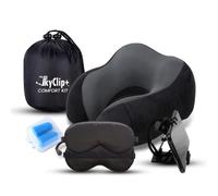 The SkyClip + Set di cuscini per il collo da viaggio - Kit da viaggio in aereo con cuscino cervicale in memory foam, maschera per gli occhi, tappi per le orecchie, clip per telefono e tablet in volo -