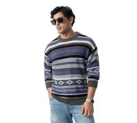 The Souled Store Aztec Stripe Uomini e Ragazzi Maniche Piene Girocollo Grigio A Righe Acrilico Nylon Leggero Spalla Goccia Streetwear Trendy Casual Oversize Pullover Maglione, Striscia azteca, 48