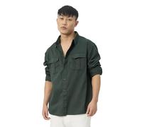 The Souled Store Camicia utilità: Camicie utilitarie in cotone verde scuro per uomini e ragazzi a maniche lunghe con colletto e bottoni sul davanti, Verde scuro, 52