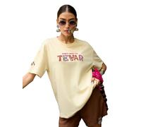 The Souled Store Desi Rebel: Don't Test My Tevar Donne e Ragazze Maniche Corte Girocollo Off White Cotone Ricamato Oversize T-shirt, Non testare il mio tevar, XXL