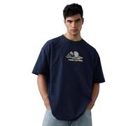 The Souled Store Disney: Need Caffeine - Maglietta da uomo e ragazzo, a maniche corte, girocollo, in cotone ricamato, leggera, oversize, per tutte le stagioni, Blu navy, 50