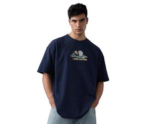 The Souled Store Disney: Need Caffeine - Maglietta da uomo e ragazzo, a maniche corte, girocollo, in cotone ricamato, leggera, oversize, per tutte le stagioni, Blu navy, 50