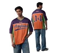 The Souled Store Joker: Asylum Uomini e Ragazzi Maniche Corte Scollo a V Viola e Arancione Stampa Grafica Traspirante Easy Dry Streetwear Spalla Scesa Sportivo Casual Poliestere Oversize Jersey, Asilo