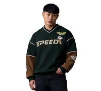 The Souled Store Peanuts: Speed Club Uomini e Ragazzi Maniche Piene Scollo a V Verde Scuro e Marrone Stampa Grafica Applique Cotone Poliestere Felpa Oversize Fit Casual, Verde scuro, 40