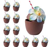 THE TWIDDLERS 12 Bicchieri a Forma di Cocco 470 ml con Fiori Hawaiani e Cannucce di Carta - Bicchieri Cocktail Plastica Riutilizzabili per Festa Hawaiana, Festa Tropicale, Cocktail Party e Decorazioni