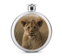The Waiting Lion Cub - Fiaschetta rotonda da 141,7 ml, in acciaio inox, a prova di perdite, portatile, bottiglia di vino o liquore, simpatica fiaschetta per whisky stampata, per uomo e donna, idea