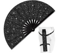 Theaque Ventaglio grande con glitter, pieghevole, con fondina, per uomo/donna, ventilatore portatile per EDM, festival, club, feste, danza, (nero)