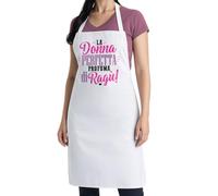 thedifferent Grembiule da Cucina grafica Simpatica scritta - La Donna Perfetta Profuma di Ragù - Idea Regalo per Cuoca, Mamma, Nonna - Pettorina - Taglia Unica Bianco