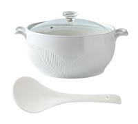 THEGA Zuppiera Grande In Ceramica Bianca Con Coperchio In Vetro E Mestolo - Pentola Per Servire La Zuppa Da 1500 Ml Per Ristoranti E Casa, Decorazione Del Coperchio A Diamante Inclusa(1500ml)