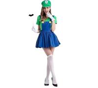 thematys® Super Plumber Childhood Heroes Costume Ladies | Plumber Heroes Costumes Ladies | Hat + Dress + Beard + Gloves Costume Set Women - Carnival Costumes Adults (M, 160-165cm, Style002)