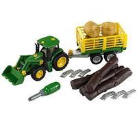 Theo Klein 3906 Trattore John Deere con carro per Legno e Fieno, Set di Viti con cacciavite I Dimensioni- 47 cm x 10,50 cm x 12 cm I Giocattoli per Bambini dai 3 Anni in su