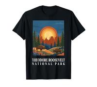Theodore Roosevelt National Park Vintage Retro Bisonte Art Maglietta