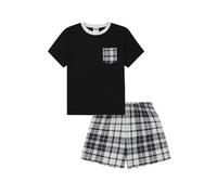 thepyjamafactory Pigiama da Bambina in Cotone Corto con Gamba Scozzese Nera e Grigia per Bambini (10-11 Anni)