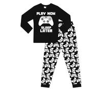 ThePyjamaFactory Pigiama lungo in cotone bianco con scritta "Play Now Sleep Later", per ragazzi, 11-12 anni, Nero , 11-12 Years