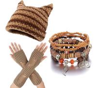 Therian Gear Y2K Clothes, Grunge Clothing - Berretto emo, guanti senza dita, cinque braccialetti Fairycore, Marrone, Taglia unica