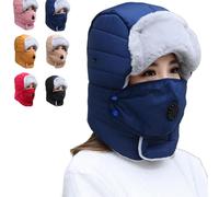 Thermal Hat with Detachable Breathing-Valve Mask, Heavy Duty Cold Weather Gear, Adjustable Fleece Pullover cap for Men Women (Blue)