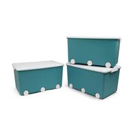 Thermobaby - Box portaoggetti PLAYBOX - MAXI 42 L - Set di 3 scatole di immagazzinaggio - Scatola portaoggetti in plastica con coperchio - Clip di chiusura - Maniglia - Impilabile - Verde Azzurro