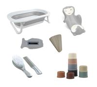 THERMOBABY - Confezione da bagno FOLDY Completo - Vasca da bagno pieghevole - Termometro - Spazzola e pettine - Giocattoli e lime per unghie - Set pratico e compatto per il bambino