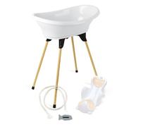 THERMOBABY - Confezione Vasco Vasco 5 in 1 - Vasca, Piede in legno, Tubo di scarico, Lettino da bagno, Termometro - Bianco Mughetto - Pieghevole e stabile - Made in France