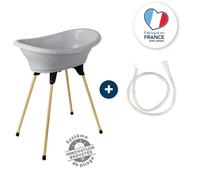 Thermobaby-Kit Vasca da Bagno per Neonati-Vasco-Vasca da Bagno, Piede in Legno e Tubo di Scarico-Innovazione brevettata-Pieghevole e Stabile-può ospitare Lettino da Bagno-Made in France-Grigio Charme