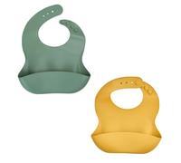 THERMOBABY - Set di 2 bavaglini in silicone morbido per neonati con tasca di recupero - Regolabili e facili da pulire - Ideale per i pasti, pratico e impermeabile (verde cactus e giallo miele)