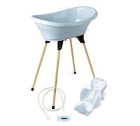 THERMOBABY Vasca 5 in 1 - Vasca da bagno, piede in legno, tubo di drenaggio, lettino da bagno, termometro - fiore blu - pieghevole e stabile - Made in France