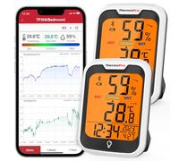 ThermoPro TP358-2 - Termometro igrometro Bluetooth interno per interni, set da 2 pezzi, ora 0,2 °C, misuratore di umidità dell'aria con registrazione, termometro interno per camera da letto