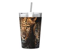 Thermos conico con due leopardi che si coccolano insieme, con cannuccia isolata, perfetta per l'uso in palestra o da portare con te