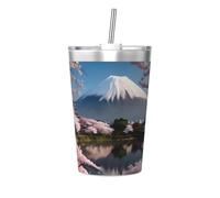 Thermos conico in paglia con motivo Monte Fuji all'inizio della primavera, tazza termica con cannuccia, perfetta per l'uso in palestra o da portare con te