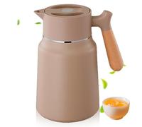 Thermos da 1,5 l, in acciaio inox, termoisolante a doppia parete, con manico effetto legno, per caffè, tè, acqua, bevande, kaki