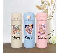 Thermos floreale da 420 ml, personalizzabile con 26 lettere floreali e un nome stampato, a prova di perdite, con cannuccia e disponibile in diversi colori. Perfetto per la Festa della Mamma