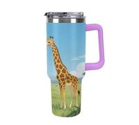 Thermos in acciaio inox da 1,18 l con manico e coperchio con cannuccia, il design affusolato si adatta al portabicchieri della tua auto, a forma di giraffa che mangia foglie, thermos a fantasia un